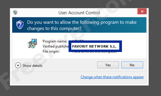 Screenshot where FAVORIT NETWORK S.L. appears as the verified publisher in the UAC dialog